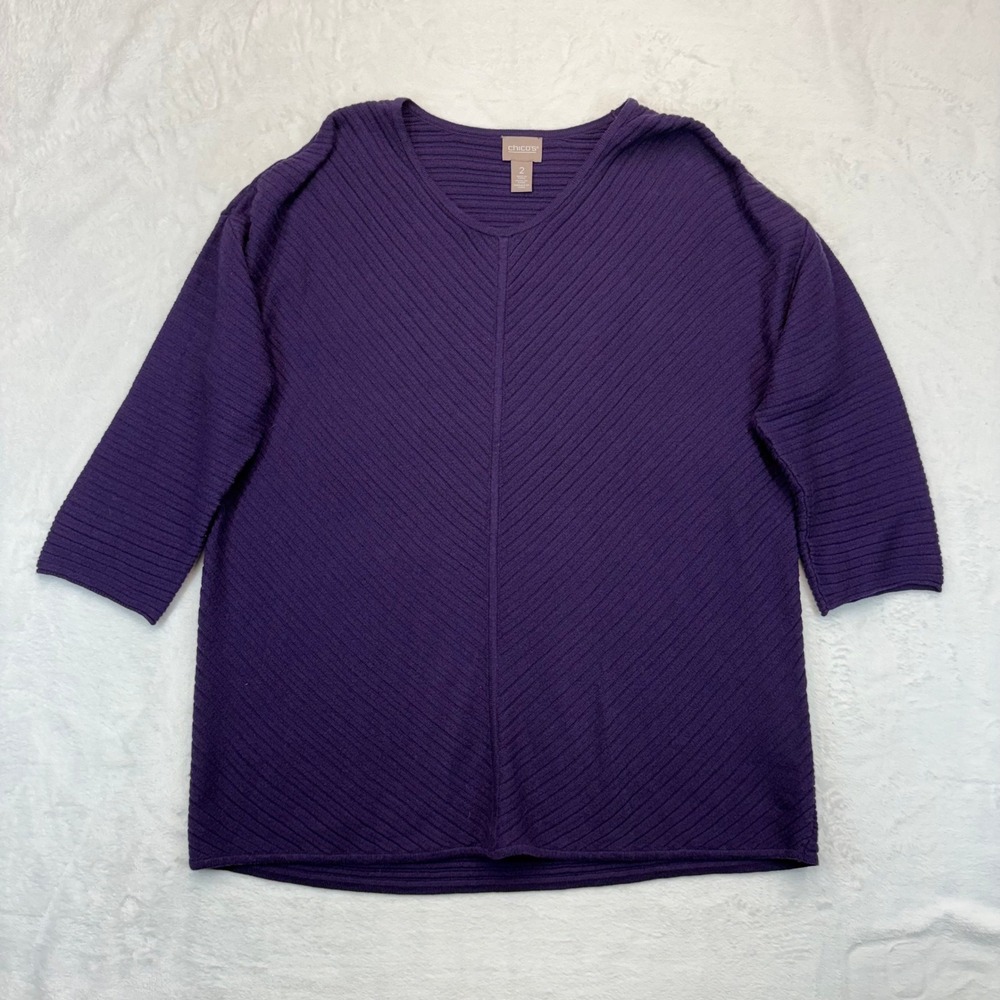 Chicos Purple Ribbed Knit V-Neck Sweater 3/4 Sleeve Size 2 Cotton Blend Chevron